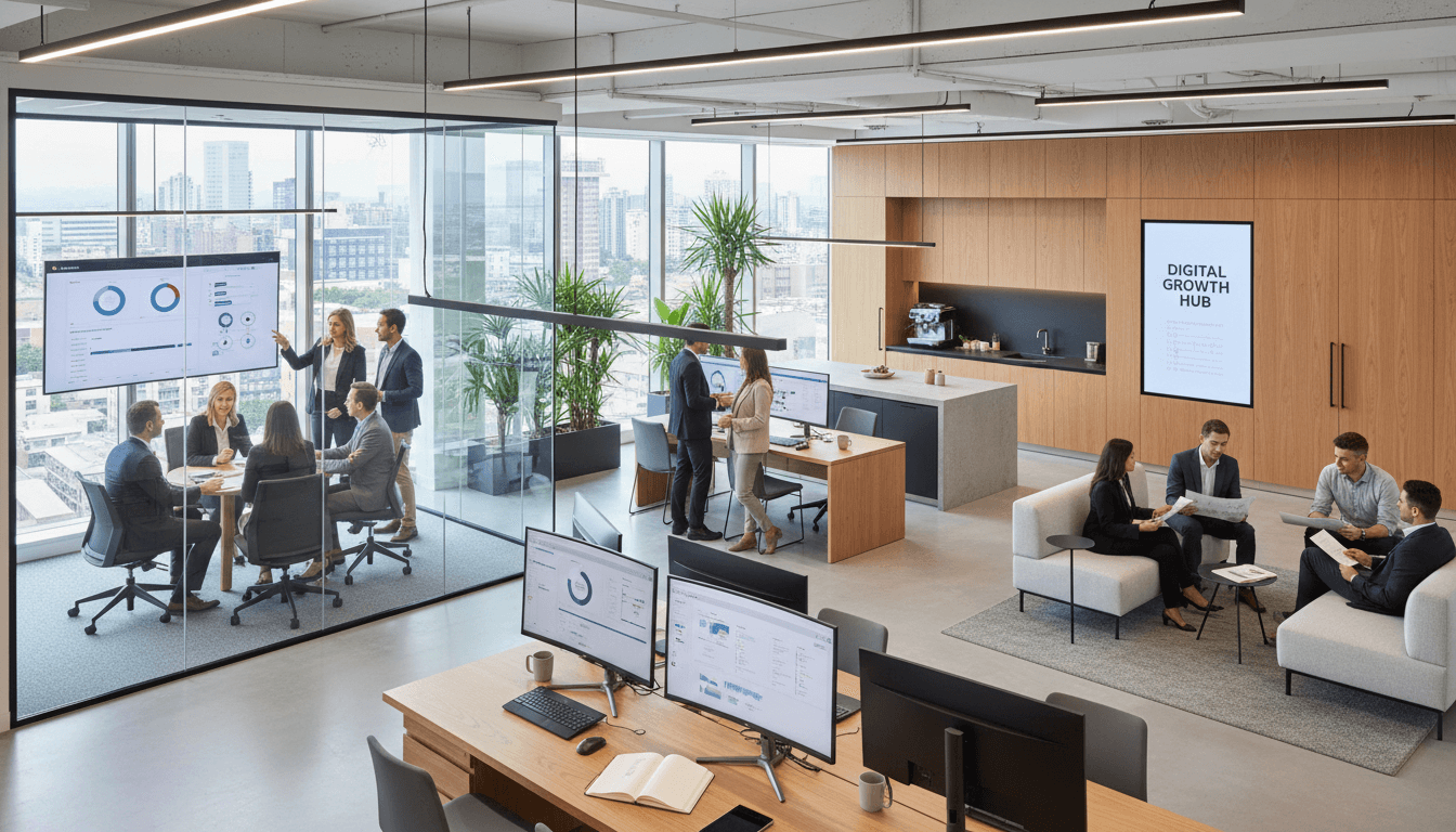 Two marketing professionals collaborating at a desk with analytics and strategy documents