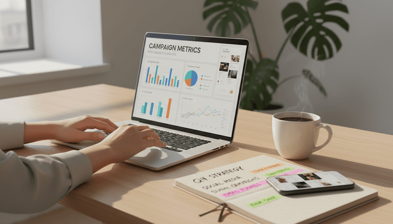 Marketing professional reviewing analytics and campaign strategy on a laptop