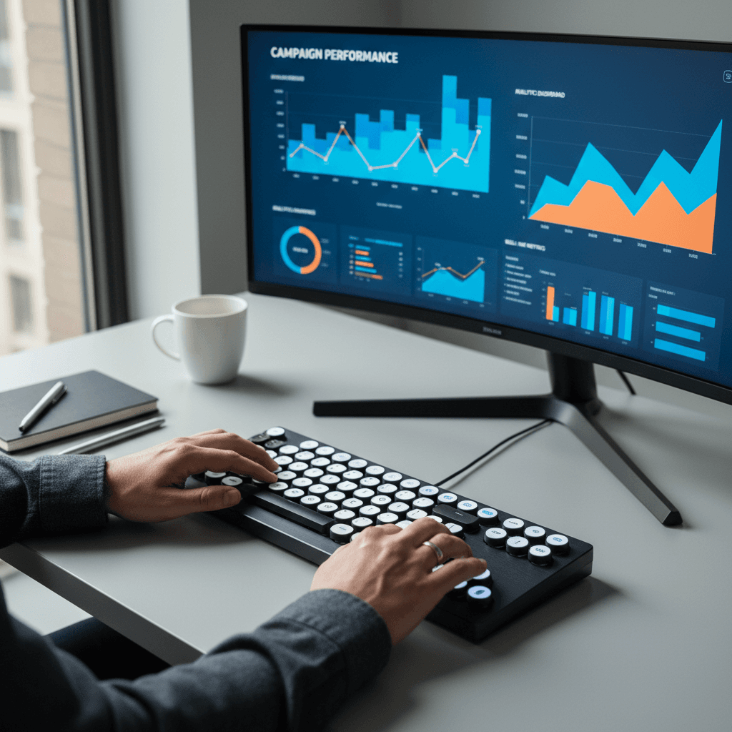 Marketing professional reviewing social media analytics and campaign data at a creative workspace